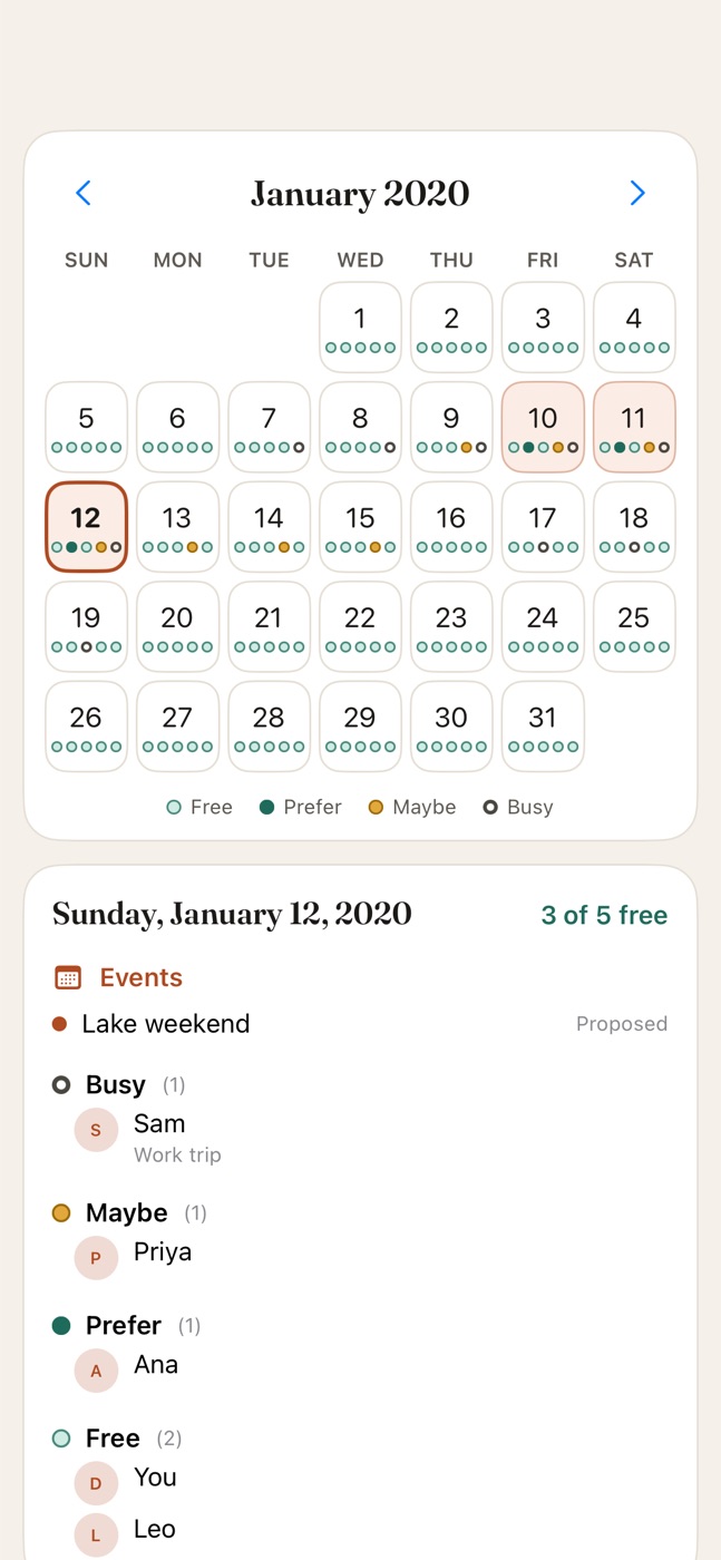 FreeTogether group calendar showing each member's availability as colored dots