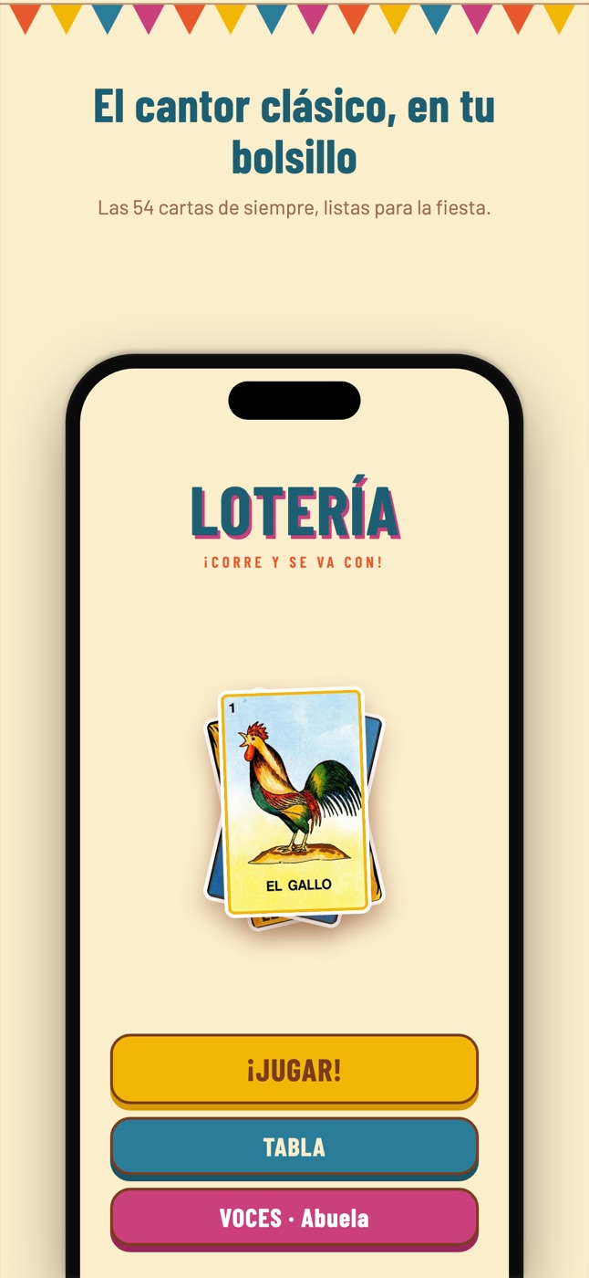 Lotería home screen with the El Gallo card and Jugar, Tabla, and Voces buttons
