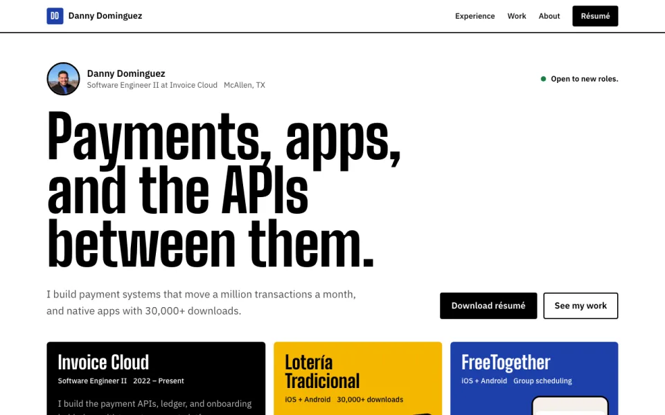 Home page of dannydominguez.dev with the Payments, apps, and the APIs between them headline